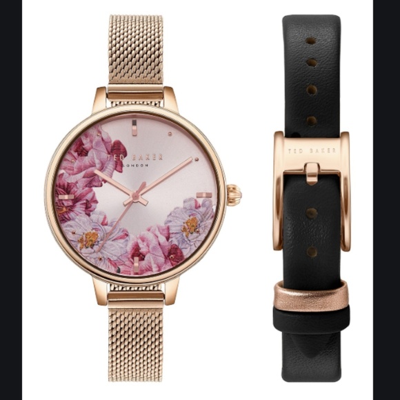 Ted Baker Floral Mesh + Leather Strap Watch Set - Picture 1 of 4
